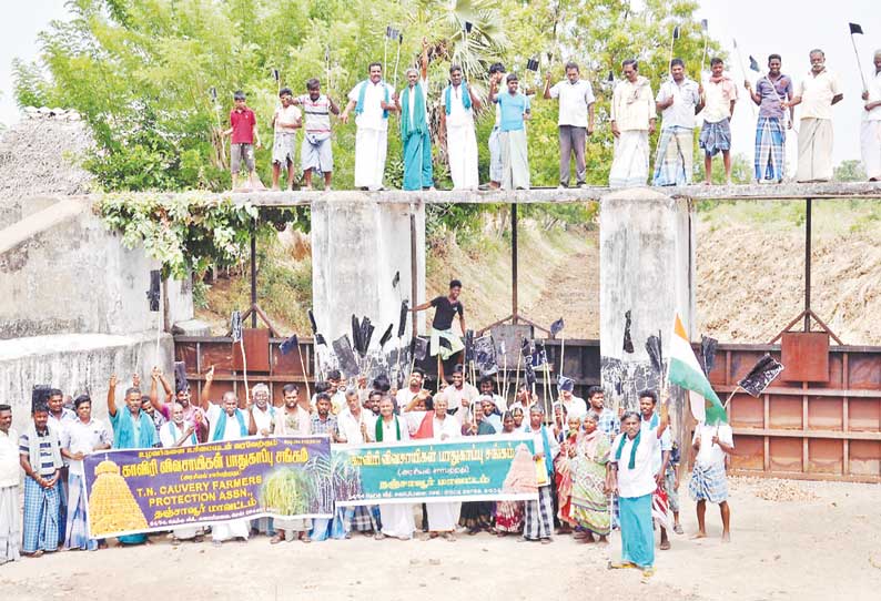 கும்பகோணம் அருகே பழவாறு கதவணையில் இறங்கி விவசாயிகள் கருப்புக்கொடியுடன் போராட்டம்