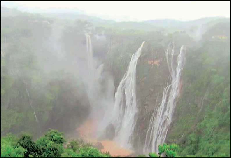 ஜோக் நீர்வீழ்ச்சியில் ஆர்ப்பரித்து கொட்டும் தண்ணீர் சுற்றுலா பயணிகள் வருகை தொடர்ந்து அதிகரிப்பு