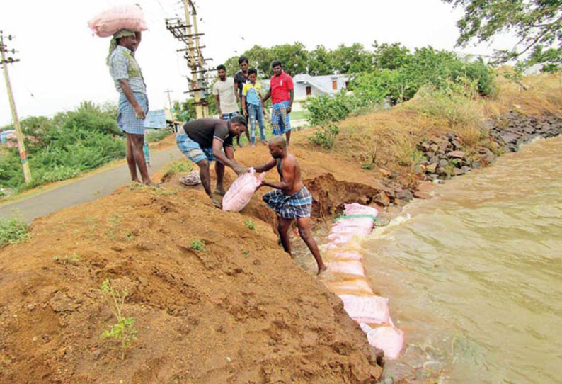 ஆலங்குளம் அருகே குளக்கரையில் மண் அரிப்பு மூட்டைகளை அடுக்கி பொதுமக்கள் சீரமைத்தனர்