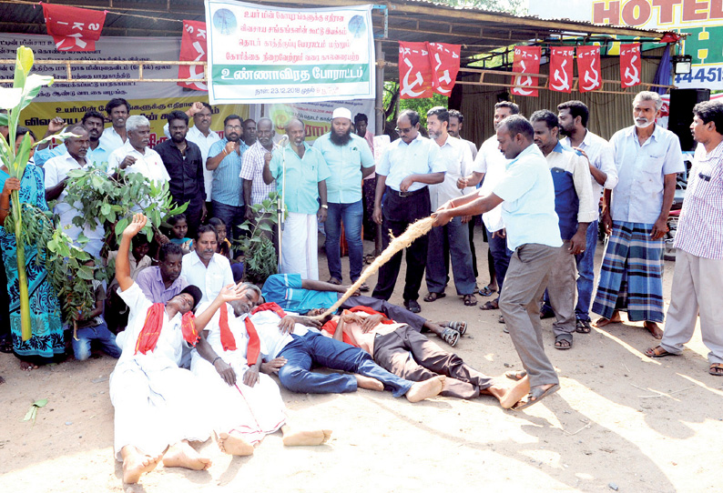 உயர்மின் கோபுரங்கள் அமைக்க எதிர்ப்பு: சாட்டையால் அடித்து விவசாயிகள் நூதன ஆர்ப்பாட்டம்