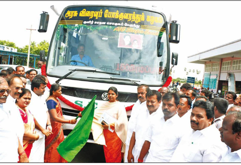 நெல்லையில் இருந்து சென்னைக்கு படுக்கை வசதியுடன் கூடிய குளிரூட்டப்பட்ட புதிய பஸ் அமைச்சர் ராஜலட்சுமி தொடங்கி வைத்தார்