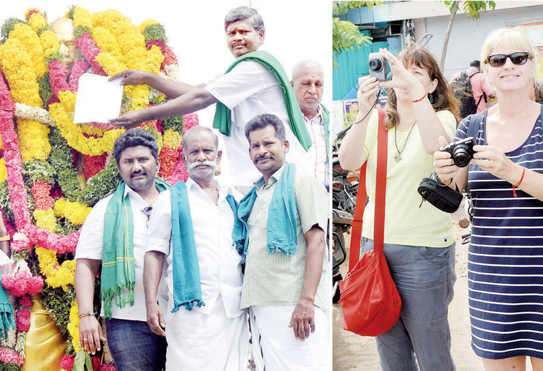 புள்ளம்பாடி பாசன வாய்க்காலை சீரமைக்க காமராஜர் சிலையிடம் மனு கொடுத்த விவசாயிகள்