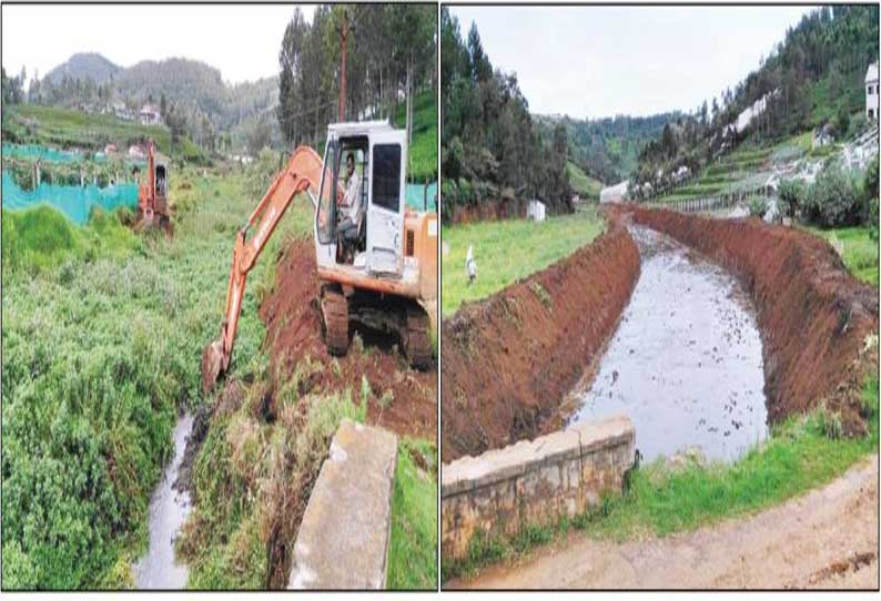 நீரோடையை தூர்வாரும் பணிகள் மும்முரம் விவசாயிகள் மகிழ்ச்சி