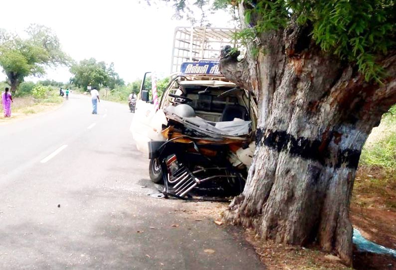 புளிய மரத்தில் சரக்கு வேன் மோதி வாலிபர் பலி டிரைவர் படுகாயம்