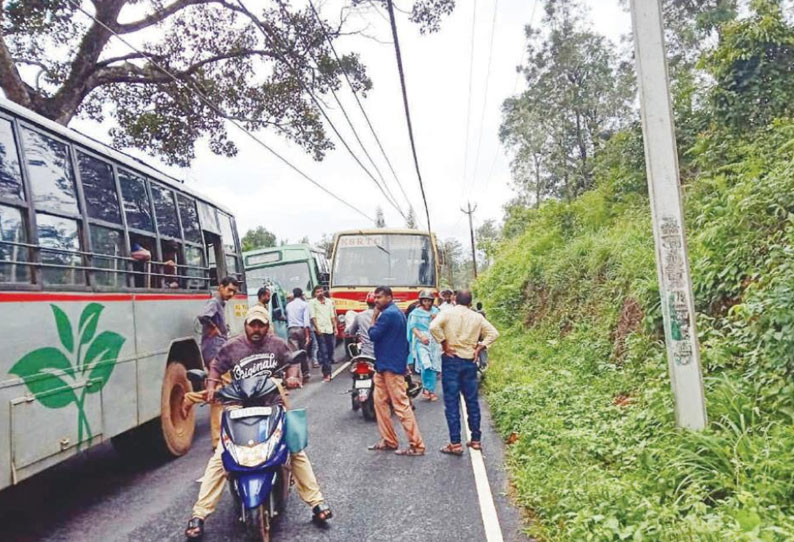 கூடலூர் சாலையில் தாழ்வாக சென்ற மின்கம்பியில் உரசி நின்ற கேரள அரசு பஸ்