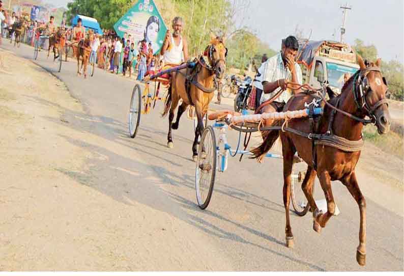 கோவில் திருவிழாவையொட்டி மாட்டு வண்டி, குதிரை வண்டி பந்தயம்