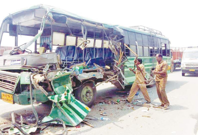 சூளகிரி அருகே லாரி மீது பஸ் மோதி பெண் பலி 6 பேர் படுகாயம்