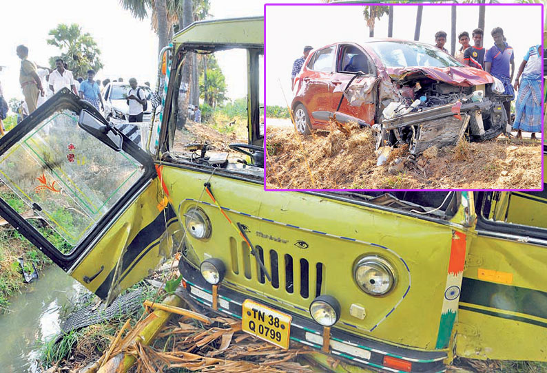 ஸ்ரீவைகுண்டம் அருகே  வேன்– 2 கார்கள் அடுத்தடுத்து மோதி விபத்து; பெண் பலி டிரைவர் உள்பட 13 பேர் காயம்