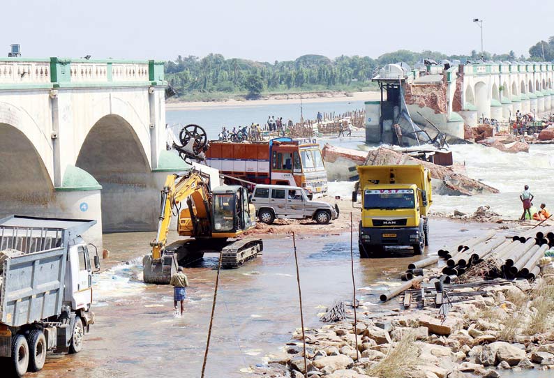 கொள்ளிடம் அணையில் மதகுகள் உடைந்த பகுதி வழியாக ஆற்றில் தண்ணீர் வீணாக செல்வதை தடுக்கும் பணி தீவிரம்