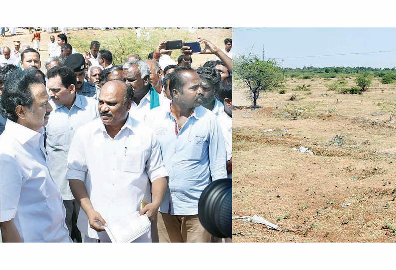 வறண்டு கிடக்கும் ஏரியை மு.க.ஸ்டாலின் பார்வையிட்டார் தண்ணீர் நிரப்பக்கோரி விவசாயிகள் மனு அளித்தனர்