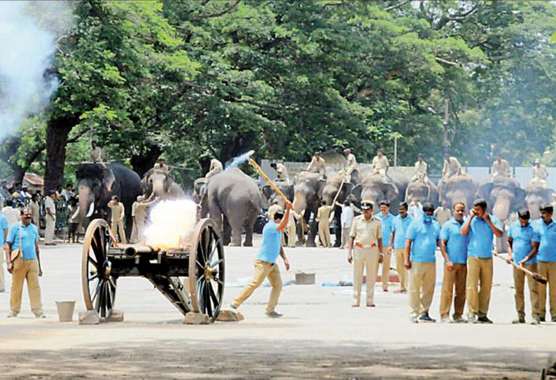 ஜம்புசவாரி ஊர்வலத்தின்போது மிரண்டு ஓடாமல் இருக்க பீரங்கியை வெடிக்கச்செய்து தசரா யானைகளுக்கு பயிற்சி