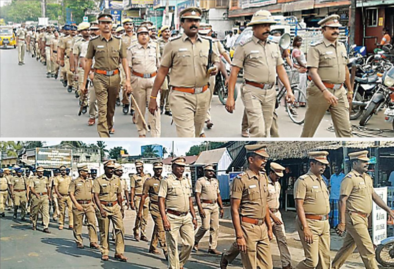 பொதுமக்கள் அச்சமின்றி வாக்களிக்கலாம் என்பதை வலியுறுத்தி போலீசார் கொடி அணிவகுப்பு