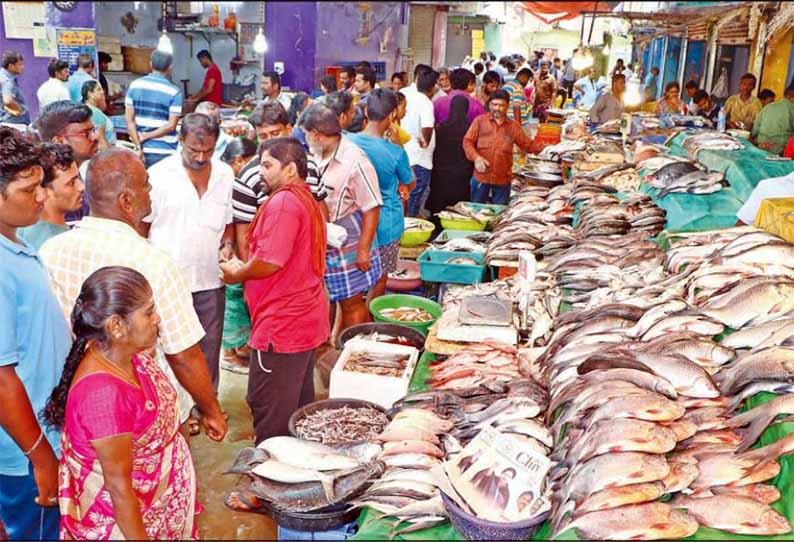 தடைகாலத்தால் வரத்து குறைந்தது கோவையில் மீன் விலை உயர்வு - வஞ்சிரம் கிலோ ரூ.1,300-க்கு விற்பனை