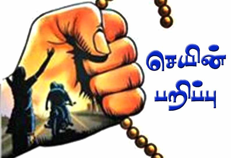 மகனுடன் மோட்டார் சைக்கிளில் சென்ற ரேஷன் கடை பெண் ஊழியரிடம் 6 பவுன் சங்கிலி பறிப்பு - மர்ம நபர்களுக்கு வலைவீச்சு