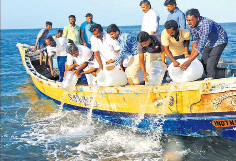 மீனவர்களின் வாழ்வாதாரத்தை பெருக்கிட 7½ லட்சம் இறால் மீன் குஞ்சுகள் மண்டபம் கடலில் விடப்பட்டன