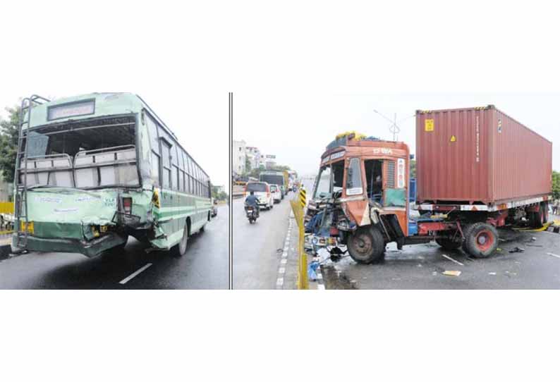 வேலூரில் அரசு பஸ் மீது மோதி சாலையின் குறுக்கே நின்ற கன்டெய்னர் லாரி; தாய்-மகன் உள்பட 3 பேர் காயம்