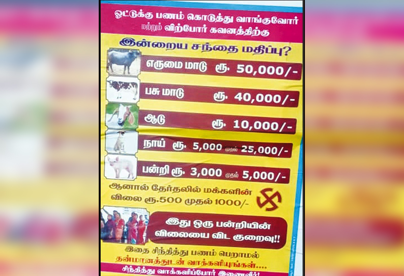 ‘ஒரு ஓட்டின் விலை பன்றியின் விலையை விட குறைவு’ - சுவரொட்டியால் பரபரப்பு