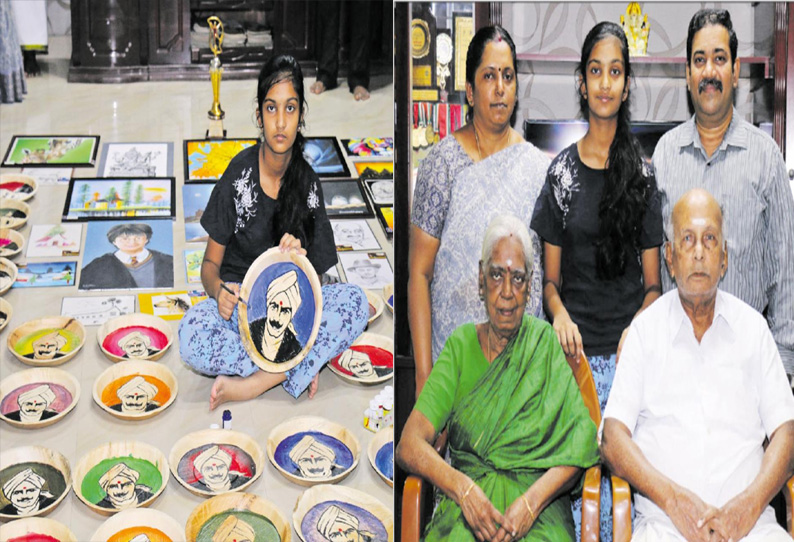 பாக்குமட்டை தட்டில் பலவண்ணங்களில் படைக்கப்பட்ட பாரதியார்; குடும்பத்தினருடன் மாணவி சம்ஹிதா பாக்குமட்டை தட்டில் பலவண்ணங்களில் படைக்கப்பட்ட பாரதியார்; குடும்பத்தினருடன் மாணவி சம்ஹிதா