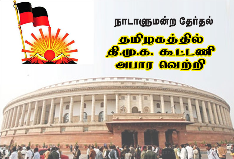 நாடாளுமன்ற தேர்தலில் தி.மு.க. கூட்டணி அபார வெற்றி போட்டியிட்ட 19 தொகுதிகளிலும் தி.மு.க. வாகை சூடியது