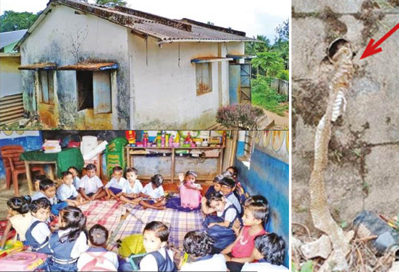 கூடலூர் அருகே, வி‌‌ஷ பாம்புகளின் புகலிடமான அங்கன்வாடி மைய கட்டிடம் - குழந்தைகள், பெற்றோர் பீதி