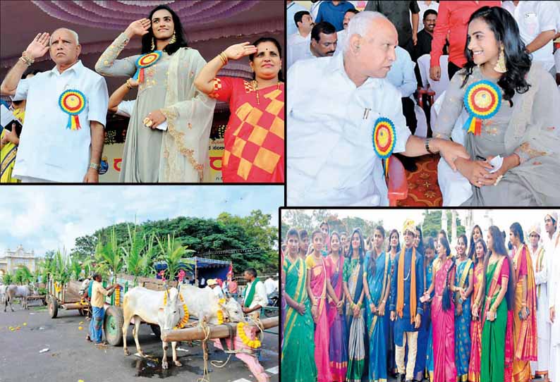 மைசூருவில் விவசாயிகள் தசரா விழா கோலாகலம் அலங்கரிக்கப்பட்ட மாட்டு வண்டிகளில் ஊர்வலம்