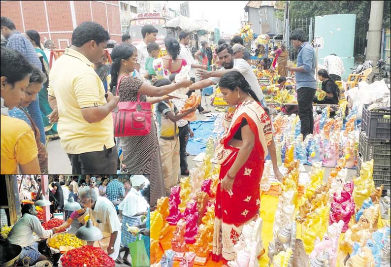 இன்று விநாயகர் சதுர்த்தி விழா: பூஜை பொருட்கள் வாங்க அலைமோதிய கூட்டம்