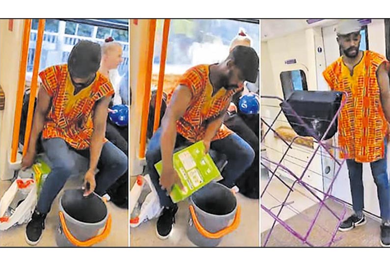 இங்கிலாந்தில் ருசிகரம்: மெட்ரோ ரெயிலில் துணியை துவைத்து காயப்போட்ட வாலிபர் 201909110443184475_England-A-young-man-who-washes-clothes-on-a-metro-train_SECVPF