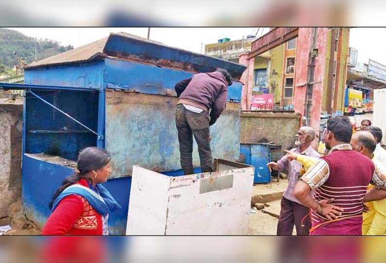 ஊட்டியில் நடைபாதை ஆக்கிரமிப்பு கடைகள் அகற்றம் - நகராட்சி அதிகாரிகள் நடவடிக்கை