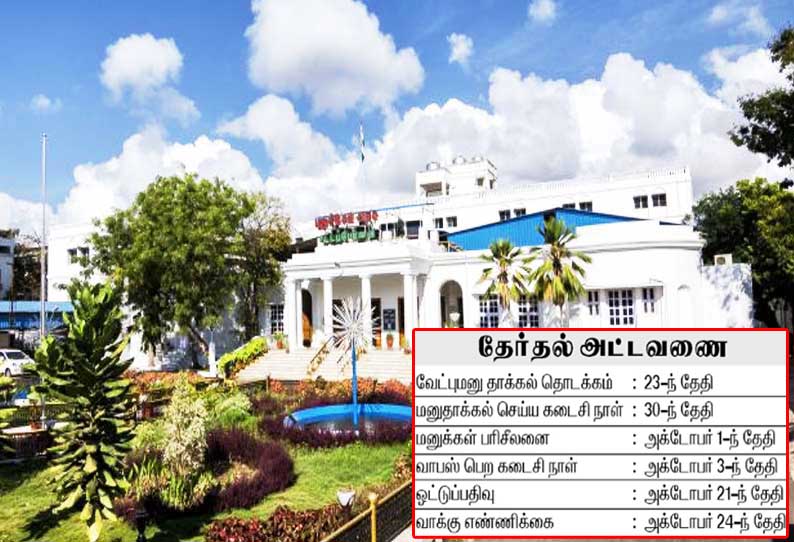 காலியாக இருக்கும் புதுச்சேரி காமராஜ் நகர் சட்டசபை தொகுதிக்கு அக்டோபர் 21-ந் தேதி இடைத்தேர்தல்; வேட்புமனு தாக்கல் நாளை தொடங்குகிறது