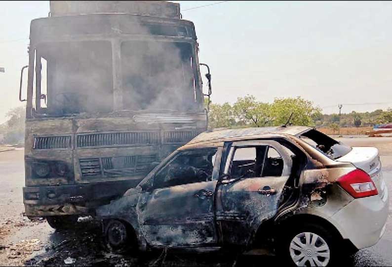 ஊரடங்கின்போது விபத்து; சிலிண்டர் ஏற்றி வந்த லாரி மீது கார் மோதி தீப்பிடித்ததால் பரபரப்பு - டிரைவர் படுகாயம்