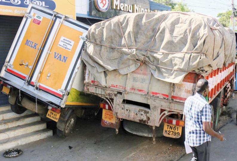 திருச்சியில் பரபரப்பு சம்பவம்: அரிசி மூட்டைகள் ஏற்றி சென்ற லாரி டிரைவர் திடீர் சாவு மோதிய வேகத்தில் சரக்கு வாகனம், கடைகள் சேதம்