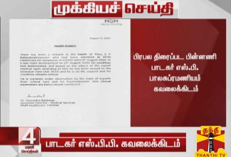 பிரபல திரைப்பட பின்னணி பாடகர் எஸ்.பி. பாலசுப்ரமணியம் கவலைக்கிடம் - மருத்துவமனை நிர்வாகம் தகவல்