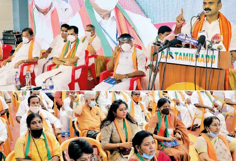 தமிழக வளர்ச்சிக்கு தி.மு.க. தடையாக இருக்கிறது பா.ஜனதா நிர்வாகிகள் மத்தியில் ஜே.பி.நட்டா பேச்சு