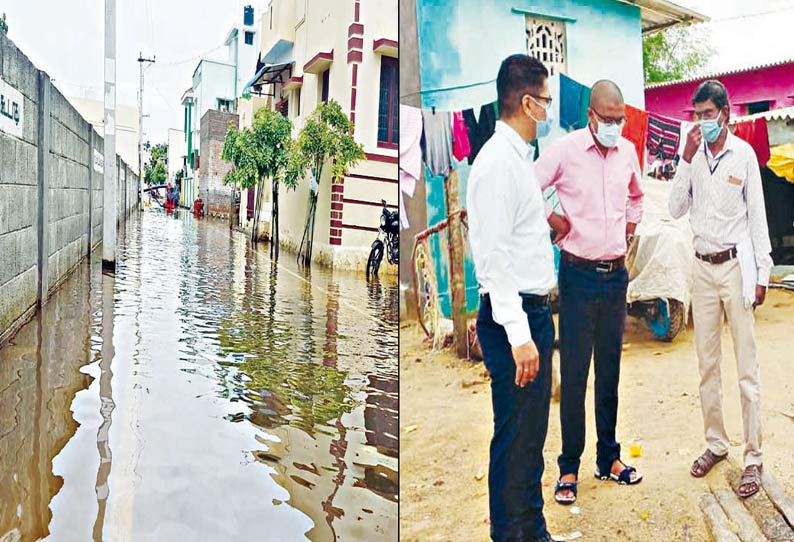 முத்தையாபுரம் பாரதிநகரில் மழைவெள்ளம் சூழ்ந்துள்ளதை படத்தில் காணலாம்; கூடுதல் கலெக்டர் விஷ்ணு சந்திரன் ஆய்வு