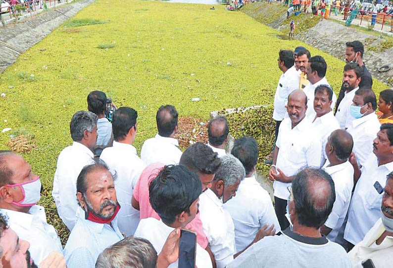 சித்தேரியில் ஆகாயத்தாமரைகள் அகற்றும் பணியை மா.சுப்பிரமணியன் எம்.எல்.ஏ. ஆய்வு செய்த போது எடுத்த படம்.