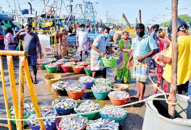 காசிமேடு மீன்பிடி துறைமுகத்தில் அடையாள அட்டையுடன் வந்த வியாபாரிகள் மட்டும் மீன் வாங்க அனுமதி