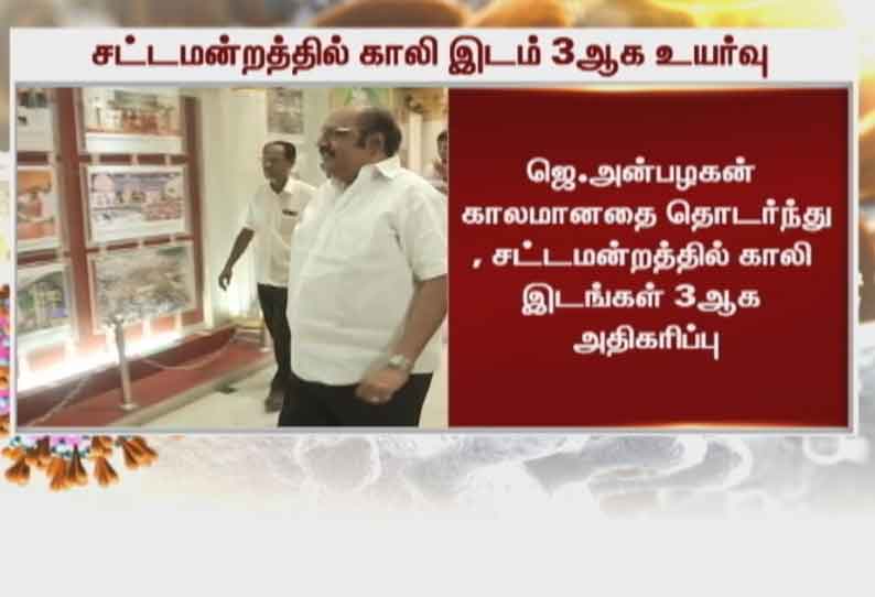 ஜெ.அன்பழகன் மறைவு மூலம் தமிழக சட்டமன்ற தொகுதிகளின் காலி இடம் 3ஆக உயர்வு