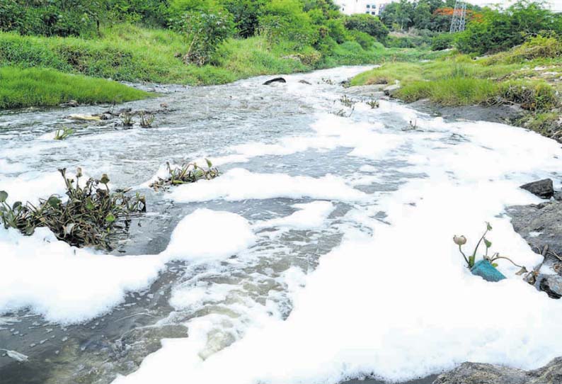 திருப்பூரில் நொய்யல் ஆற்றில் தண்ணீருடன் சென்ற சாயக்கழிவுநீர்