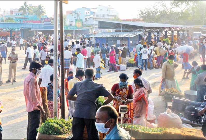 கொரோனா தடுப்பு நடவடிக்கை தீவிரம்: தற்காலிக மார்க்கெட்டுகளில் காய்கறிகள் வாங்க குவிந்த பொதுமக்கள்