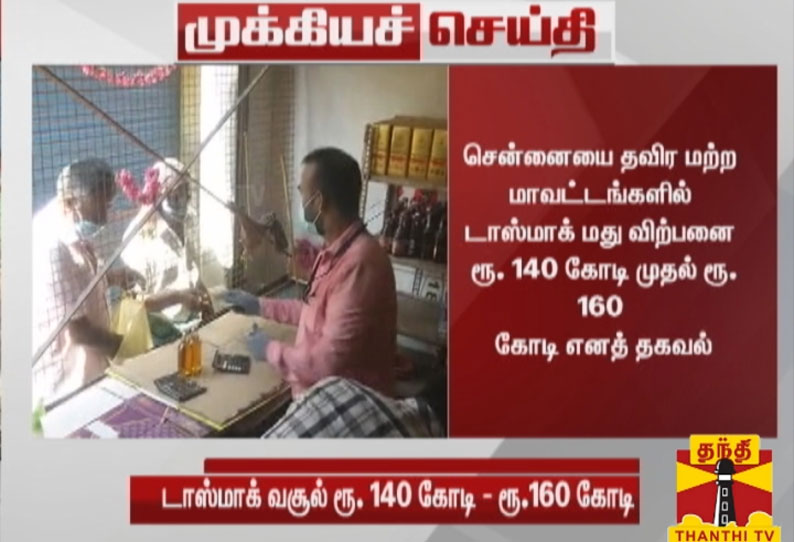 தமிழகத்தில்  இன்று டாஸ்மாக் வசூல் ரூ.140 கோடி முதல் ரூ.160 கோடி எனத்தகவல்