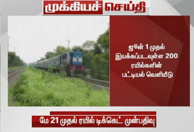 ஜூன் 1 ஆம் தேதி முதல் இயக்கப்படவுள்ள 200 ரயில்களுக்கு மே 21 முதல் முன்பதிவு தொடக்கம்