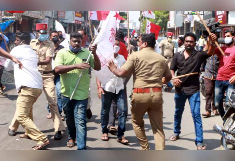 காவலர் தேர்வு நிறுத்தப்பட்ட விவகாரம்: கவர்னர் மாளிகையை முற்றுகையிட முயன்றவர்கள் மீது தடியடி - போலீசாருடன் இளைஞர்கள் வாக்குவாதத்தில் ஈடுபட்டதால் பரபரப்பு