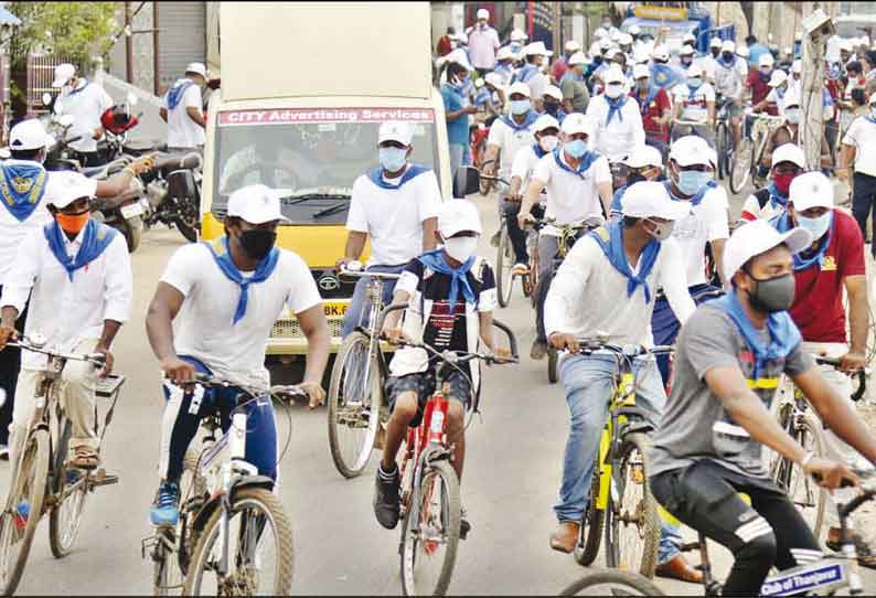 தஞ்சையில் கொரோனா வைரஸ் விழிப்புணர்வு சைக்கிள் பேரணி மருத்துவக்கல்லூரி முதல்வர் தொடங்கி வைத்தார்