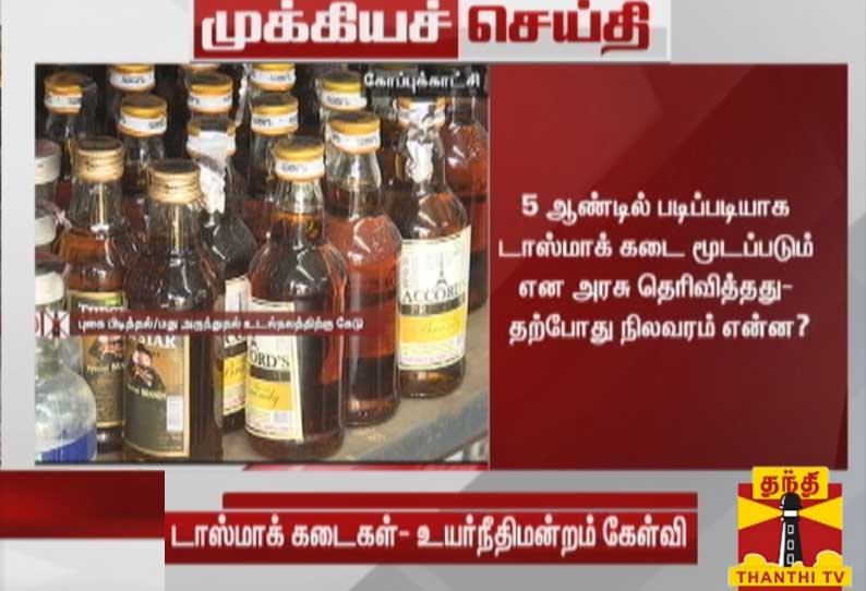 5 ஆண்டில் படிப்படியாக டாஸ்மாக் கடை மூடப்படும் என அரசு தெரிவித்தது- தற்போது நிலவரம் என்ன? - உயர்நீதிமன்ற மதுரை கிளை கேள்வி