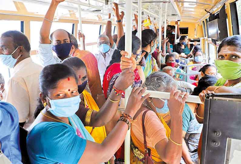 மாநகர பஸ்களில் சமூக இடைவெளி கேள்விக்குறியானது - கூடுதல் பஸ்கள் இயக்க பயணிகள் கோரிக்கை