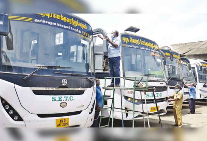 7-ந் தேதி முதல் இயக்குவதற்கு தயாராகும் விரைவு போக்குவரத்துக்கழக பஸ்கள் - பராமரிப்பு பணிகள் தீவிரம்