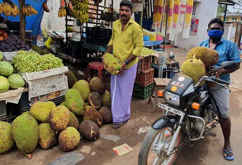 திருவாரூருக்கு விற்பனைக்கு வந்த பண்ருட்டி பலாப்பழங்களை மக்கள் ஆர்வத்துடன் வாங்கி சென்றனர்.