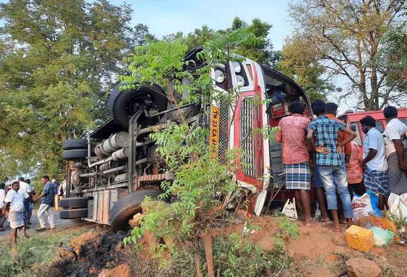 ஆற்காடு அருகே பஸ் கவிழ்ந்து 25 பேர் படுகாயம்