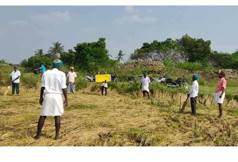 மழையால் பாதிக்கப்பட்ட நெல் வயலில் கிரிக்கெட் விளையாடிய விவசாயிகள்