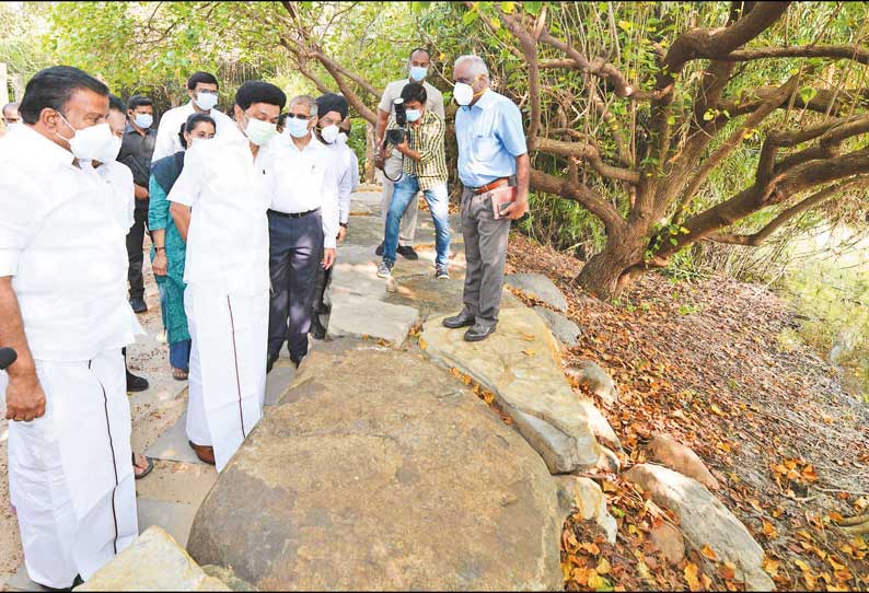 சென்னை அடையாறில் உள்ள தொல்காப்பியப் பூங்காவில் சீரமைப்பு பணிகள் மு.க.ஸ்டாலின் ஆய்வு